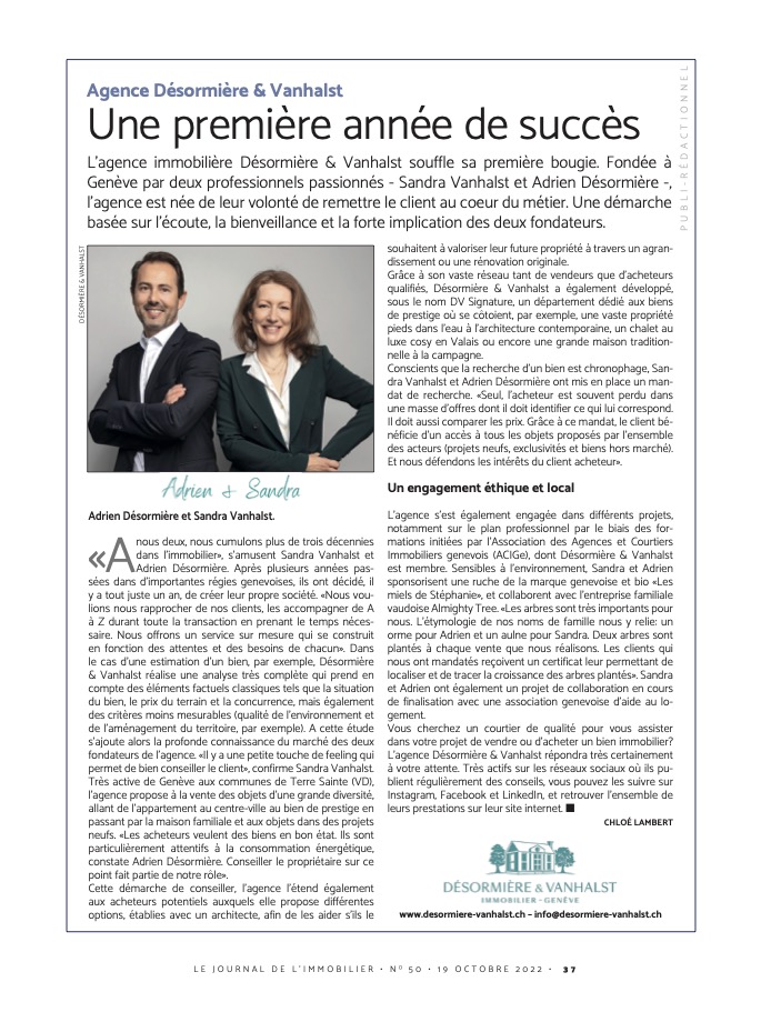 article du Journal de l'Immobilier - partenaire du Temps - consacré à l'agence immobilière Désormière & Vanhalst qui fête ses un an d'activité