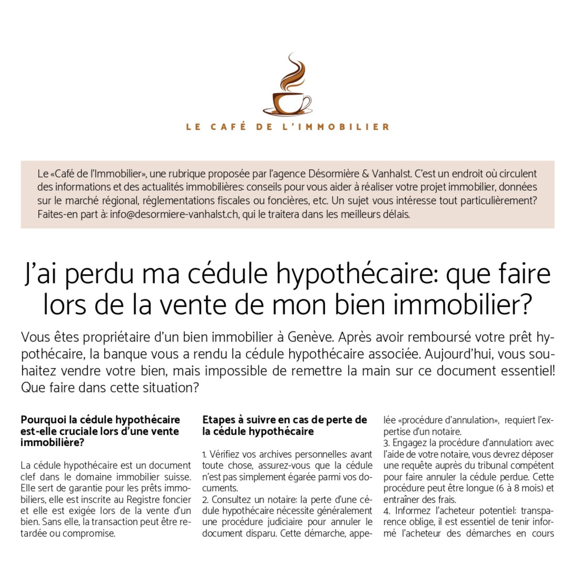 J'ai perdu ma cédule hypothécaire: article de Désormière & Vanhalst dans le Journal de l'Immobilier J'ai perdu ma cédule hypothécaire: article de Désormière & Vanhalst dans le Journal de l'Immobilier